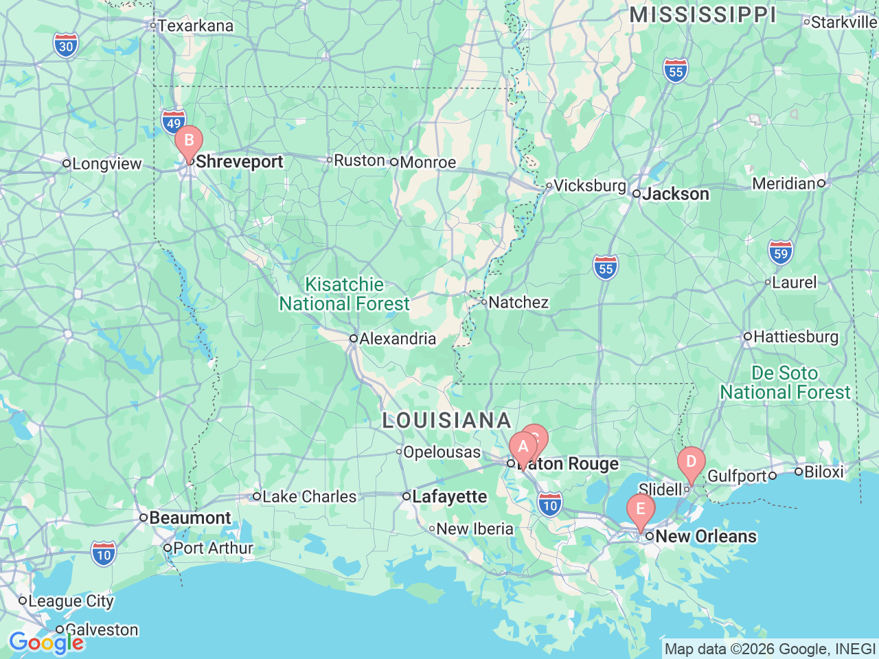 Map of Ochsner-affiliated facilities that provide services related to Pediatric Cancer