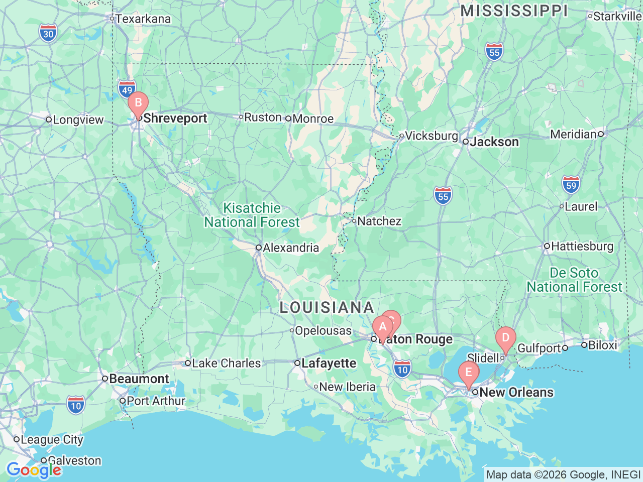 Map of Ochsner-affiliated facilities that provide services related to Pediatric Cancer