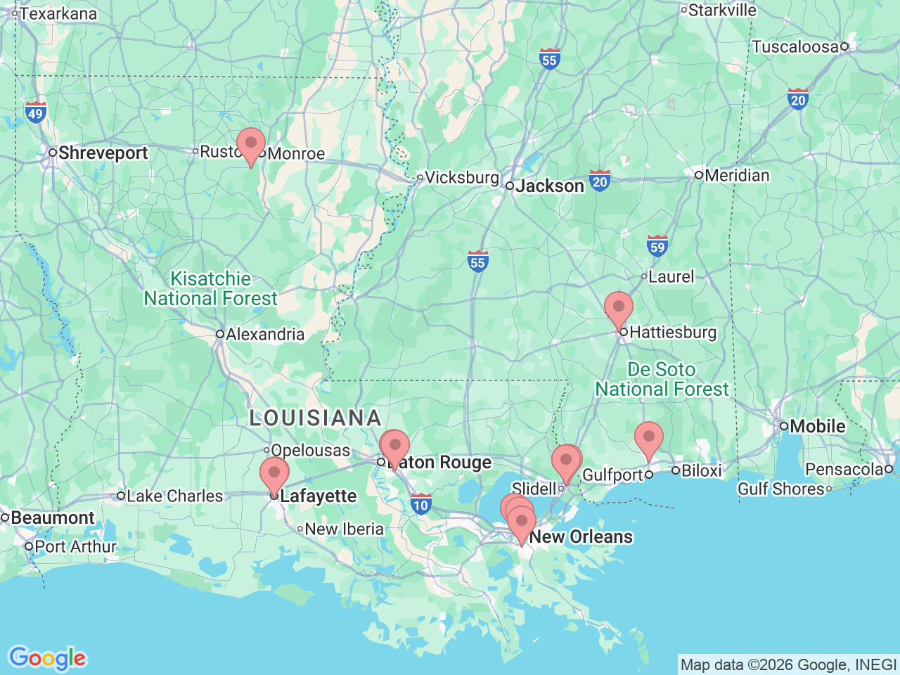 Map of Ochsner-affiliated facilities that provide services related to Pediatric Cardiology