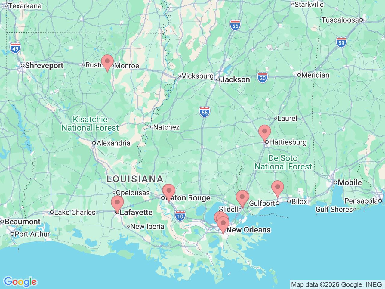 Map of Ochsner-affiliated facilities that provide services related to Pediatric Cardiology