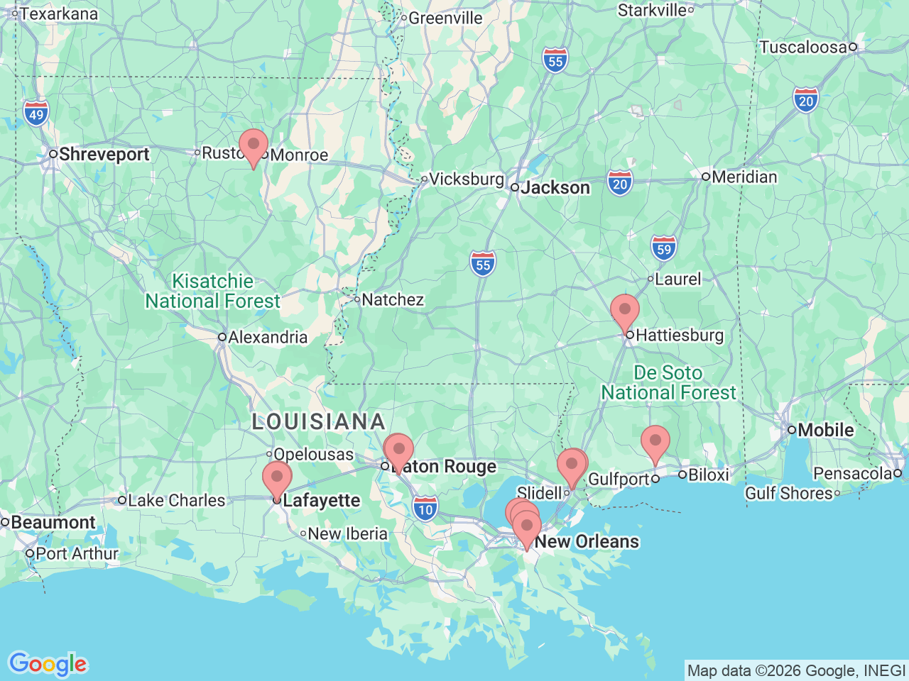 Map of Ochsner-affiliated facilities that provide services related to Pediatric Cardiology