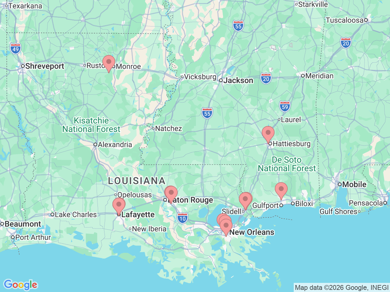 Map of Ochsner-affiliated facilities that provide services related to Pediatric Cardiology