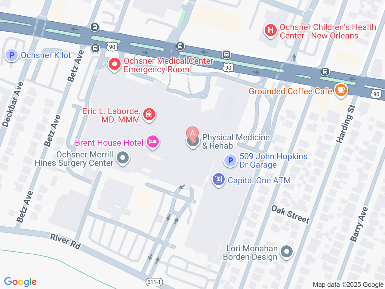 Map of Ochsner-affiliated facilities that provide services related to Pediatric Cardiothoracic Surgery