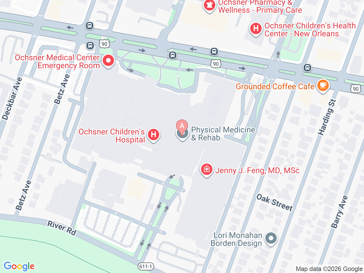 Map of Ochsner-affiliated facilities that provide services related to Pediatric Cardiothoracic Surgery