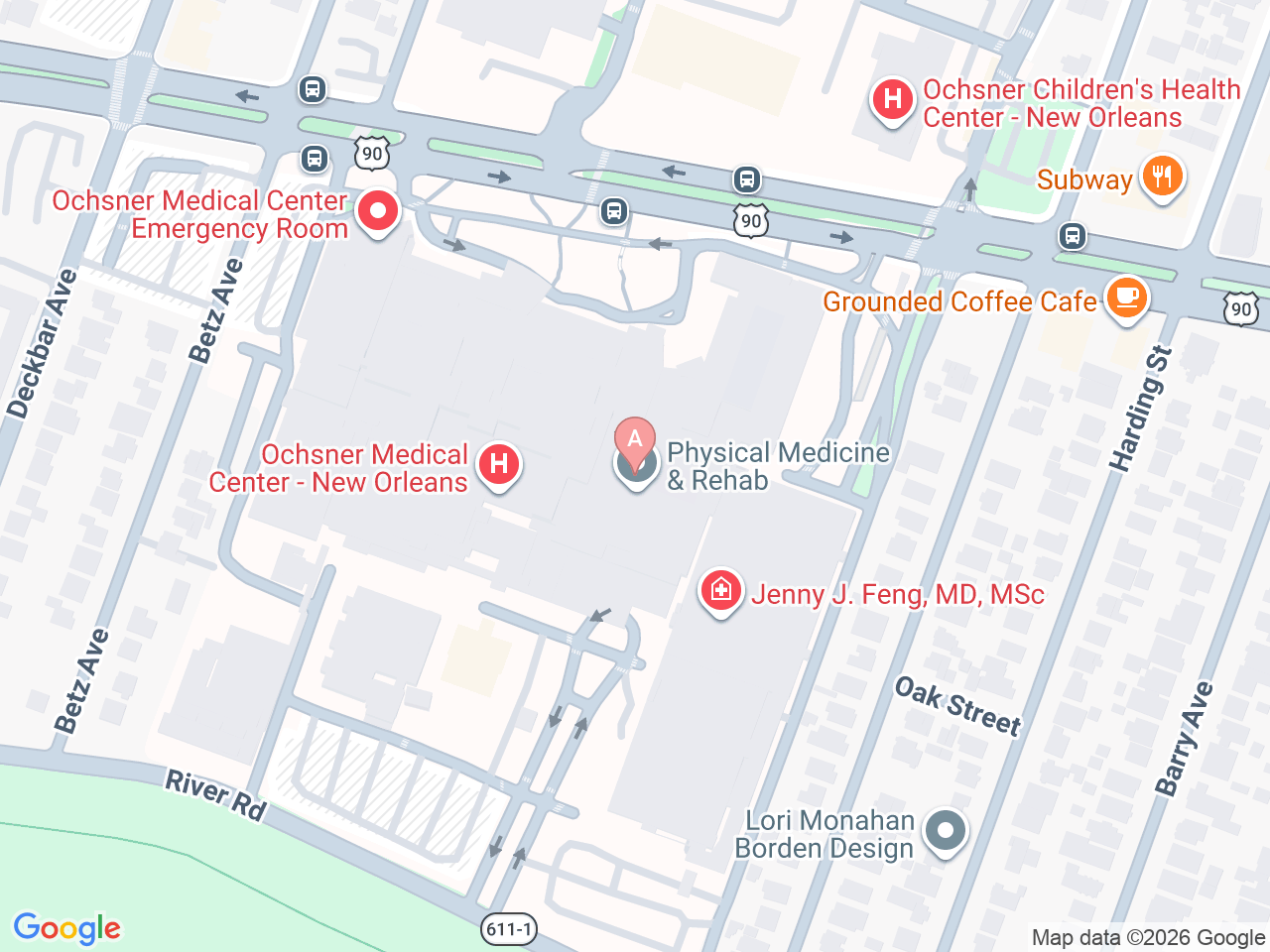 Map of Ochsner-affiliated facilities that provide services related to Pediatric Cardiothoracic Surgery