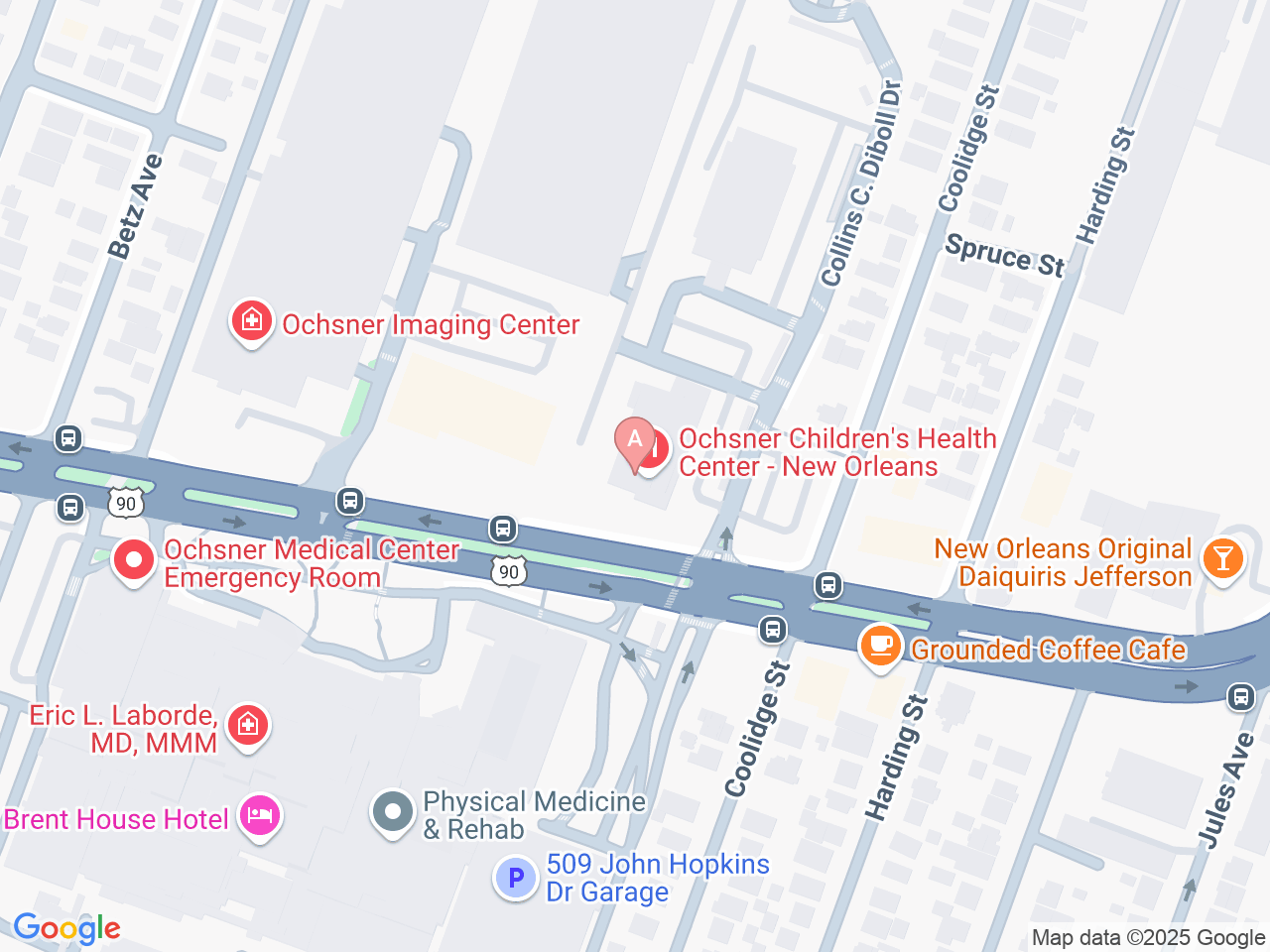 Map of Ochsner-affiliated facilities that provide services related to Pediatric Complex Care Clinic