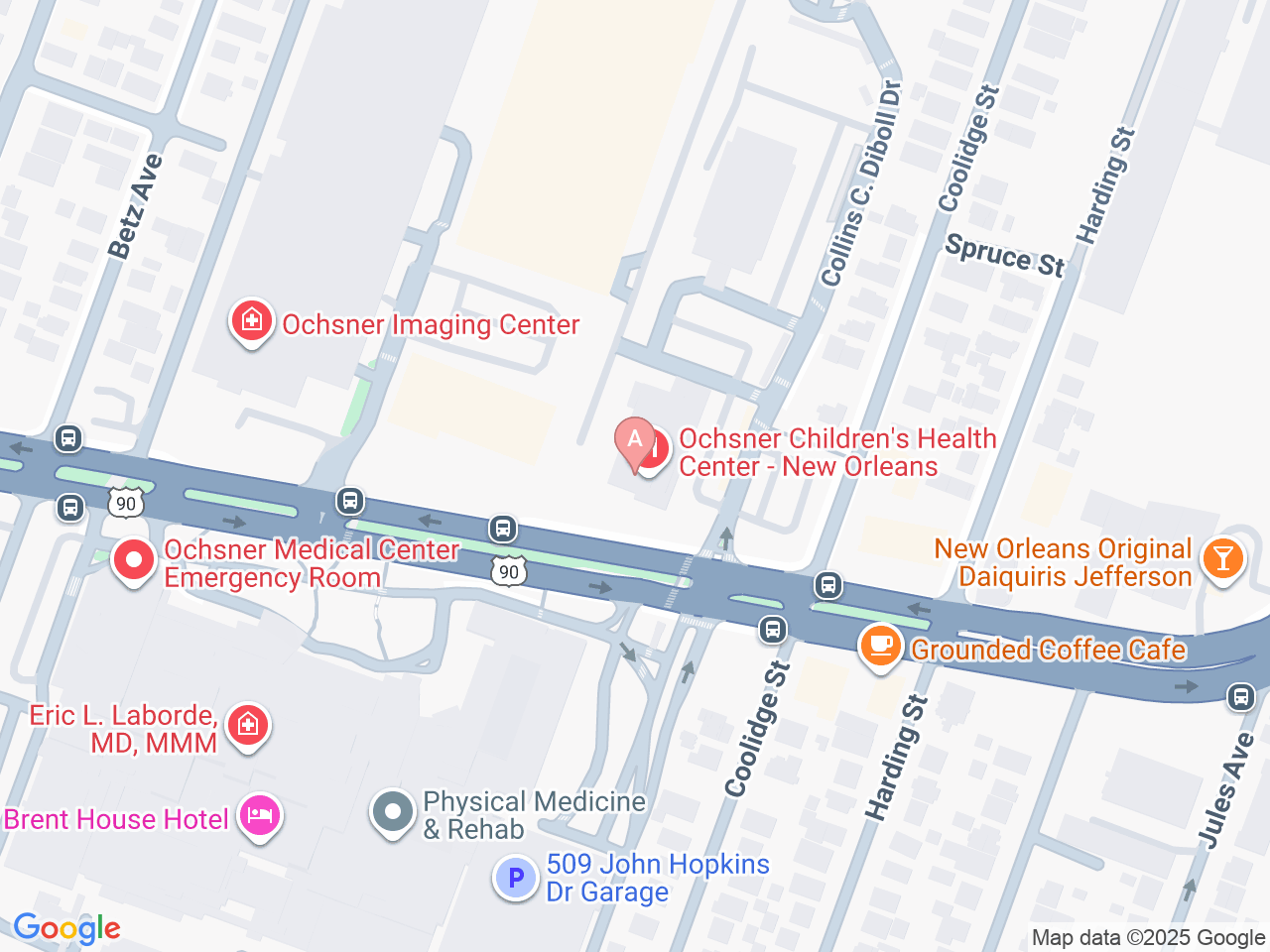 Map of Ochsner-affiliated facilities that provide services related to Pediatric Complex Care Clinic