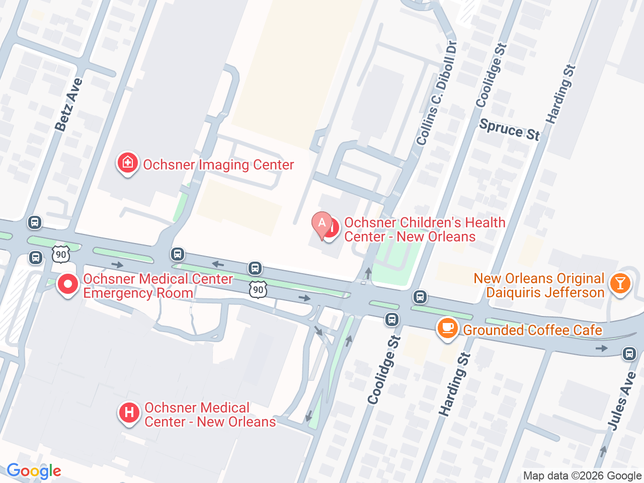 Map of Ochsner-affiliated facilities that provide services related to Pediatric Complex Care Clinic