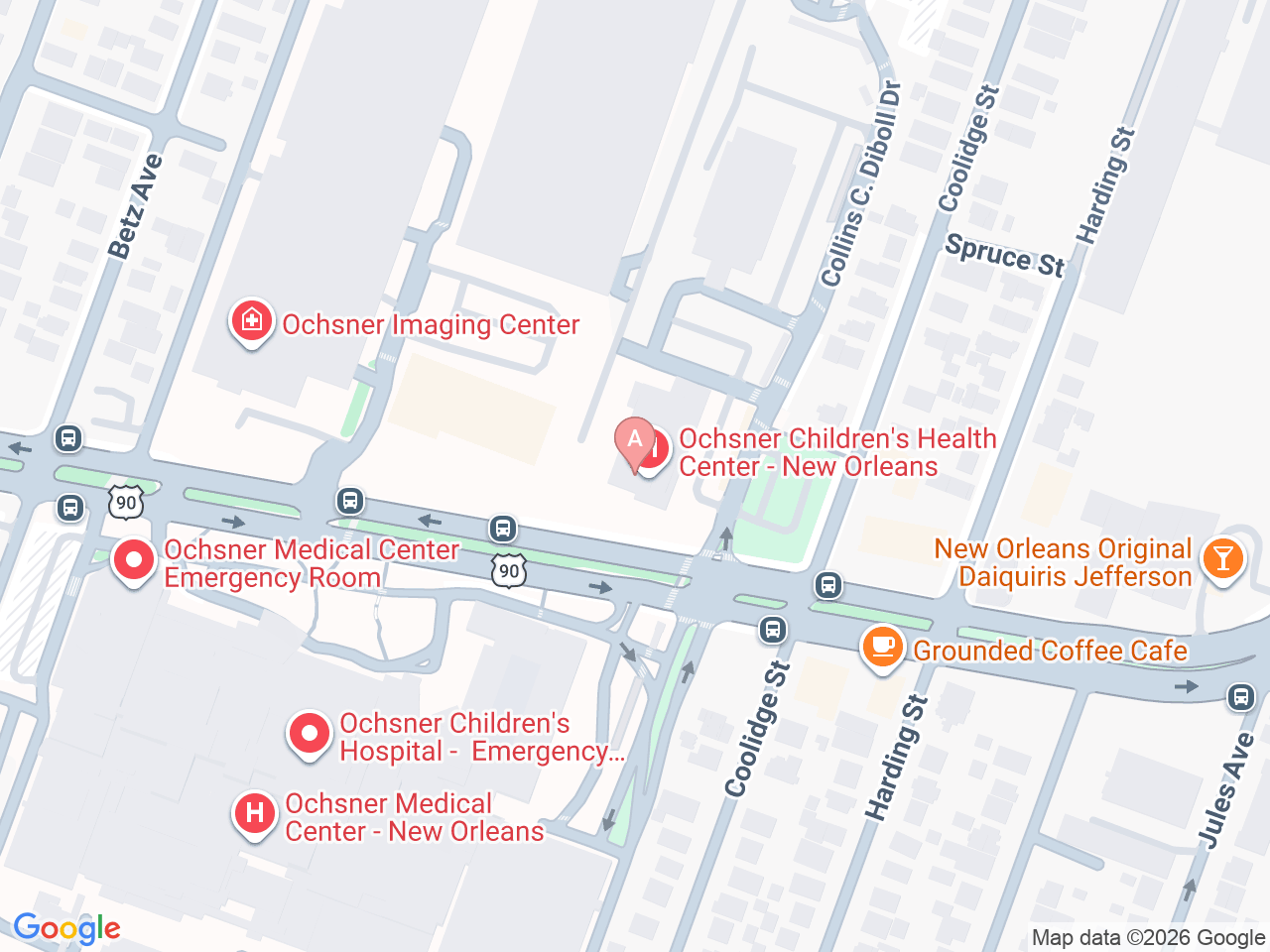 Map of Ochsner-affiliated facilities that provide services related to Pediatric Complex Care Clinic