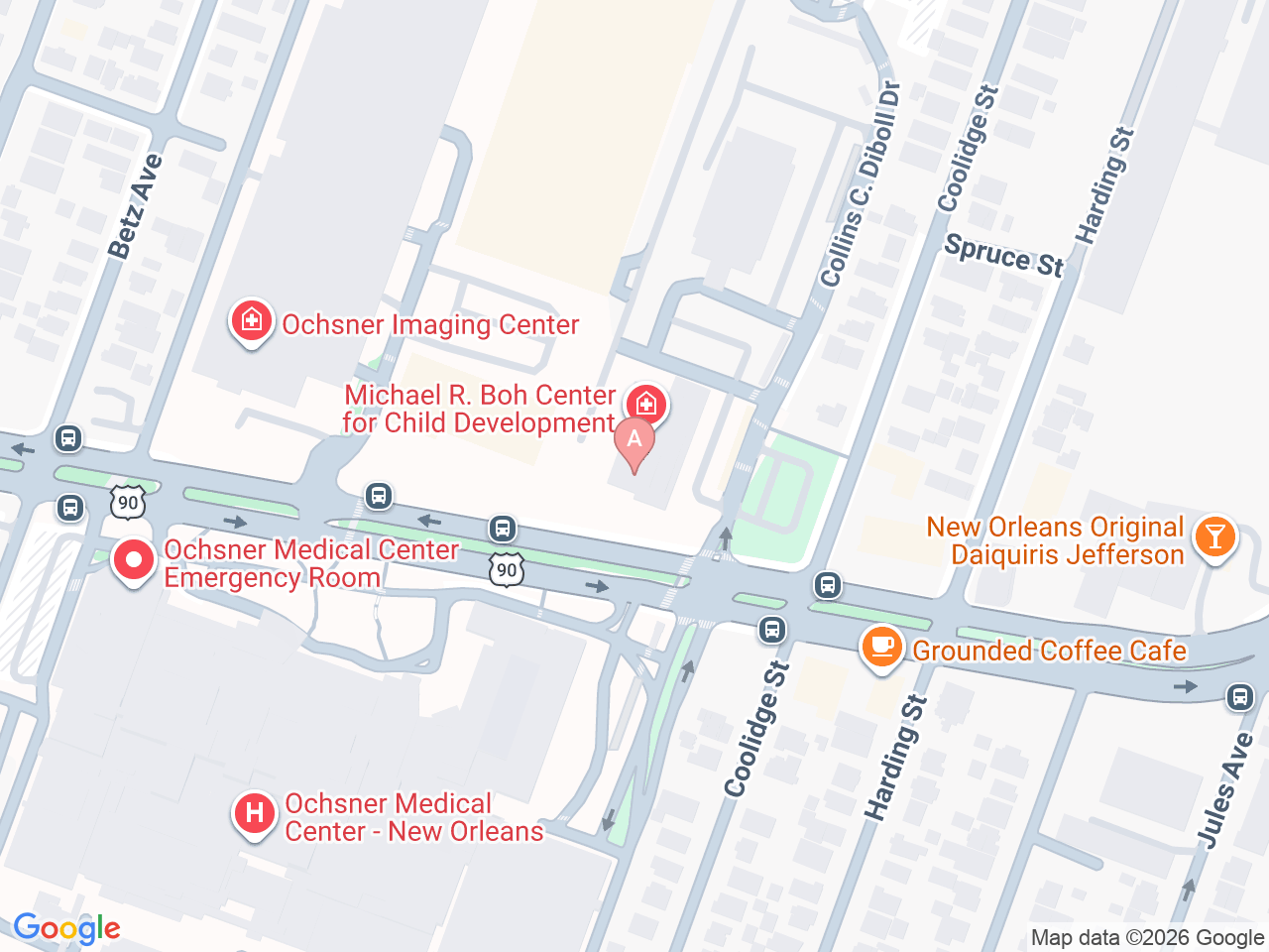Map of Ochsner-affiliated facilities that provide services related to Pediatric Complex Care Clinic