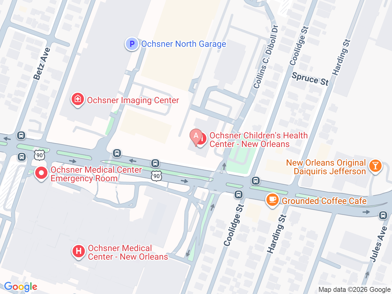 Map of Ochsner-affiliated facilities that provide services related to Pediatric Complex Care Clinic
