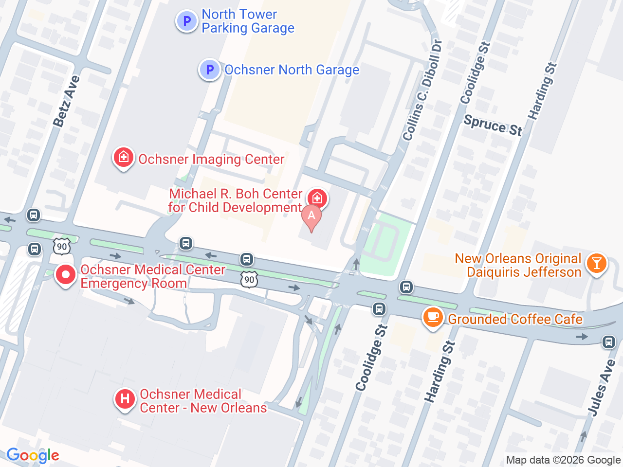 Map of Ochsner-affiliated facilities that provide services related to Pediatric Complex Care Clinic