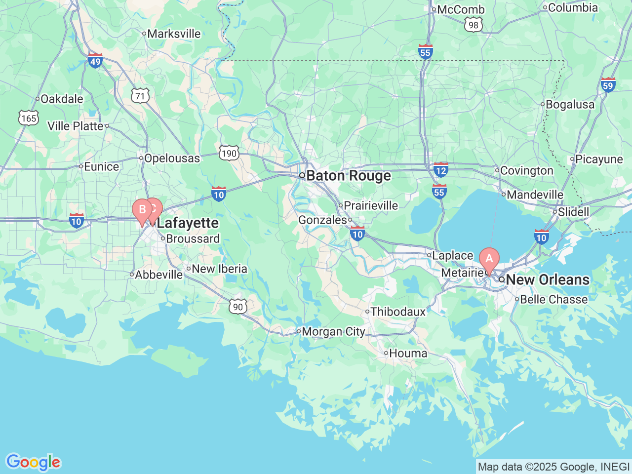 Map of Ochsner-affiliated facilities that provide services related to Pediatric Emergency Room (ER)