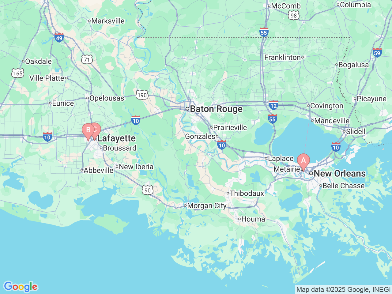 Map of Ochsner-affiliated facilities that provide services related to Pediatric Emergency Room (ER)