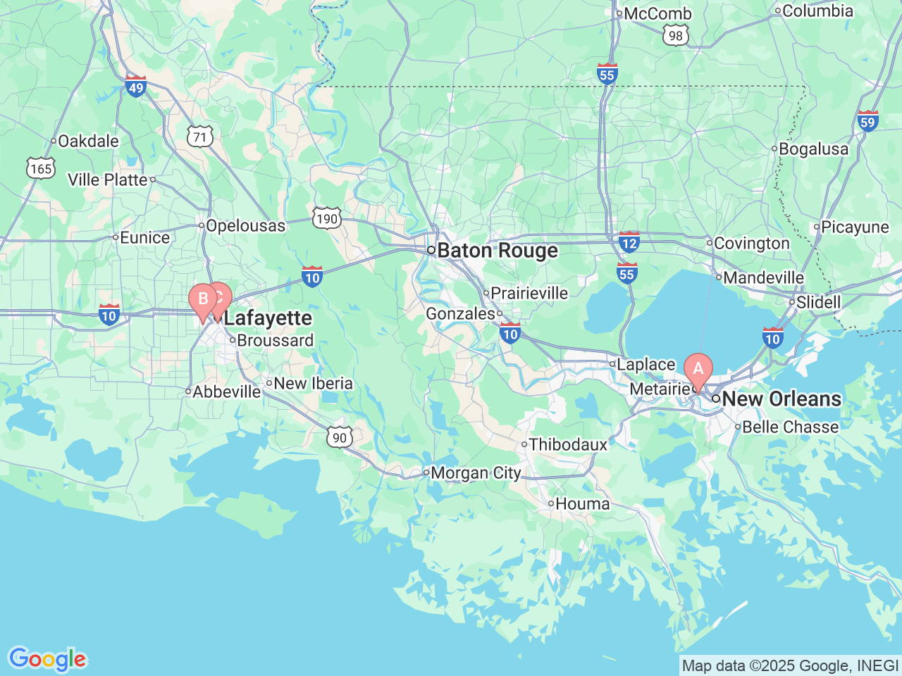 Map of Ochsner-affiliated facilities that provide services related to Pediatric Emergency Room (ER)