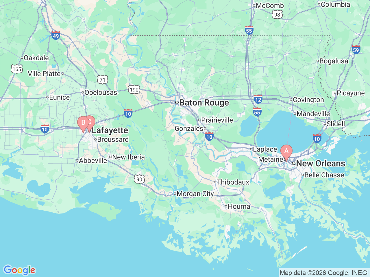 Map of Ochsner-affiliated facilities that provide services related to Pediatric Emergency Room (ER)