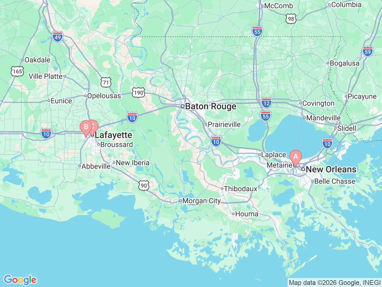 Map of Ochsner-affiliated facilities that provide services related to Pediatric Emergency Room (ER)