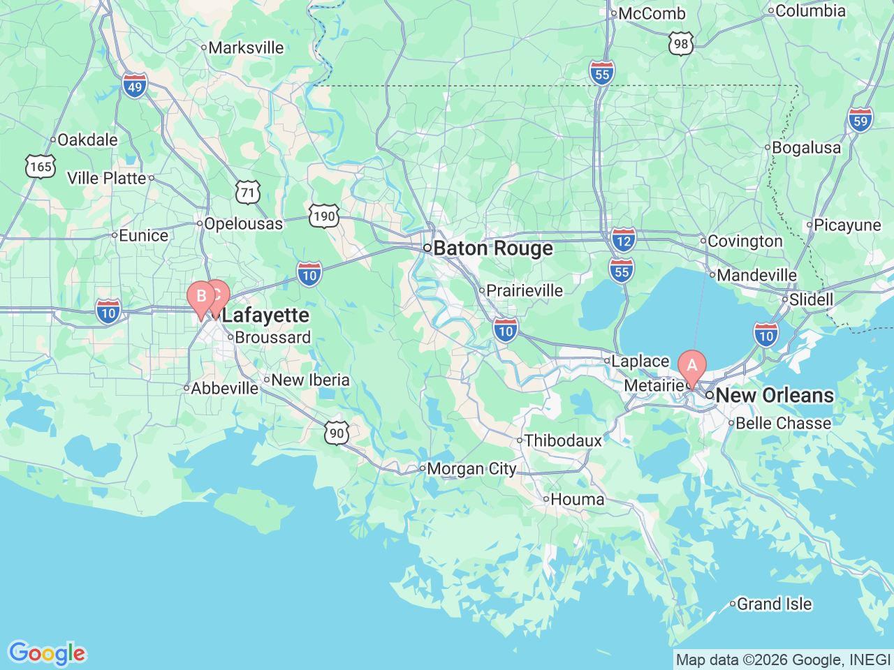 Map of Ochsner-affiliated facilities that provide services related to Pediatric Emergency Room (ER)