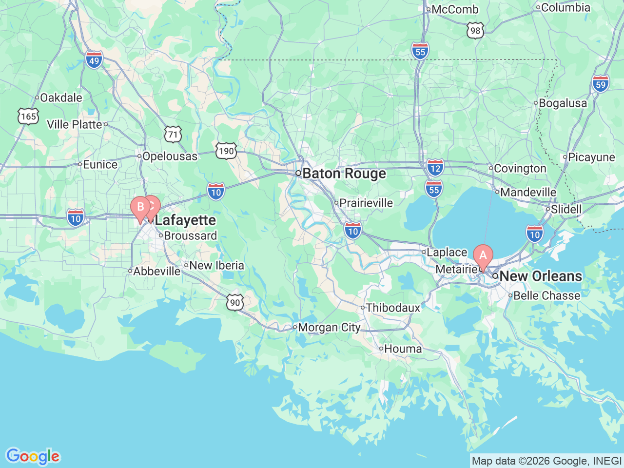 Map of Ochsner-affiliated facilities that provide services related to Pediatric Emergency Room (ER)