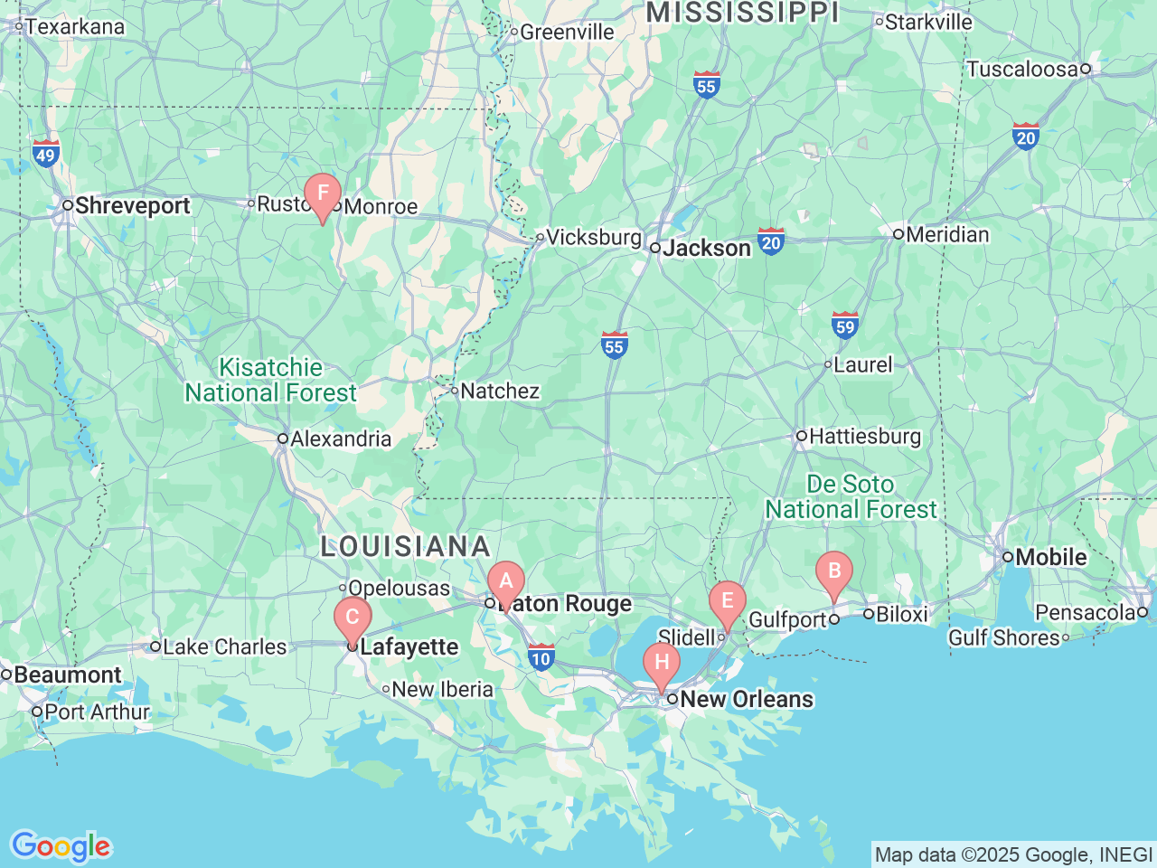 Map of Ochsner-affiliated facilities that provide services related to Pediatric Gastroenterology, Hepatology and Nutrition