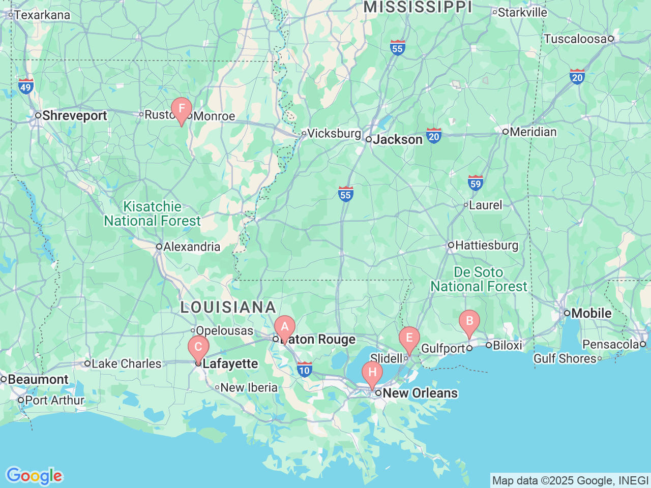 Map of Ochsner-affiliated facilities that provide services related to Pediatric Gastroenterology, Hepatology and Nutrition