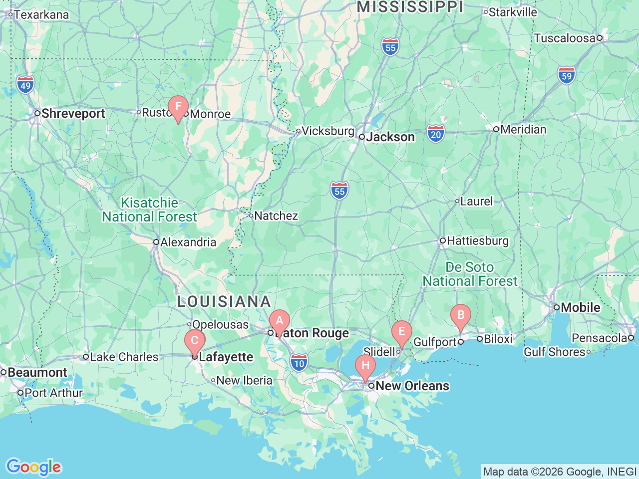 Map of Ochsner-affiliated facilities that provide services related to Pediatric Gastroenterology, Hepatology and Nutrition