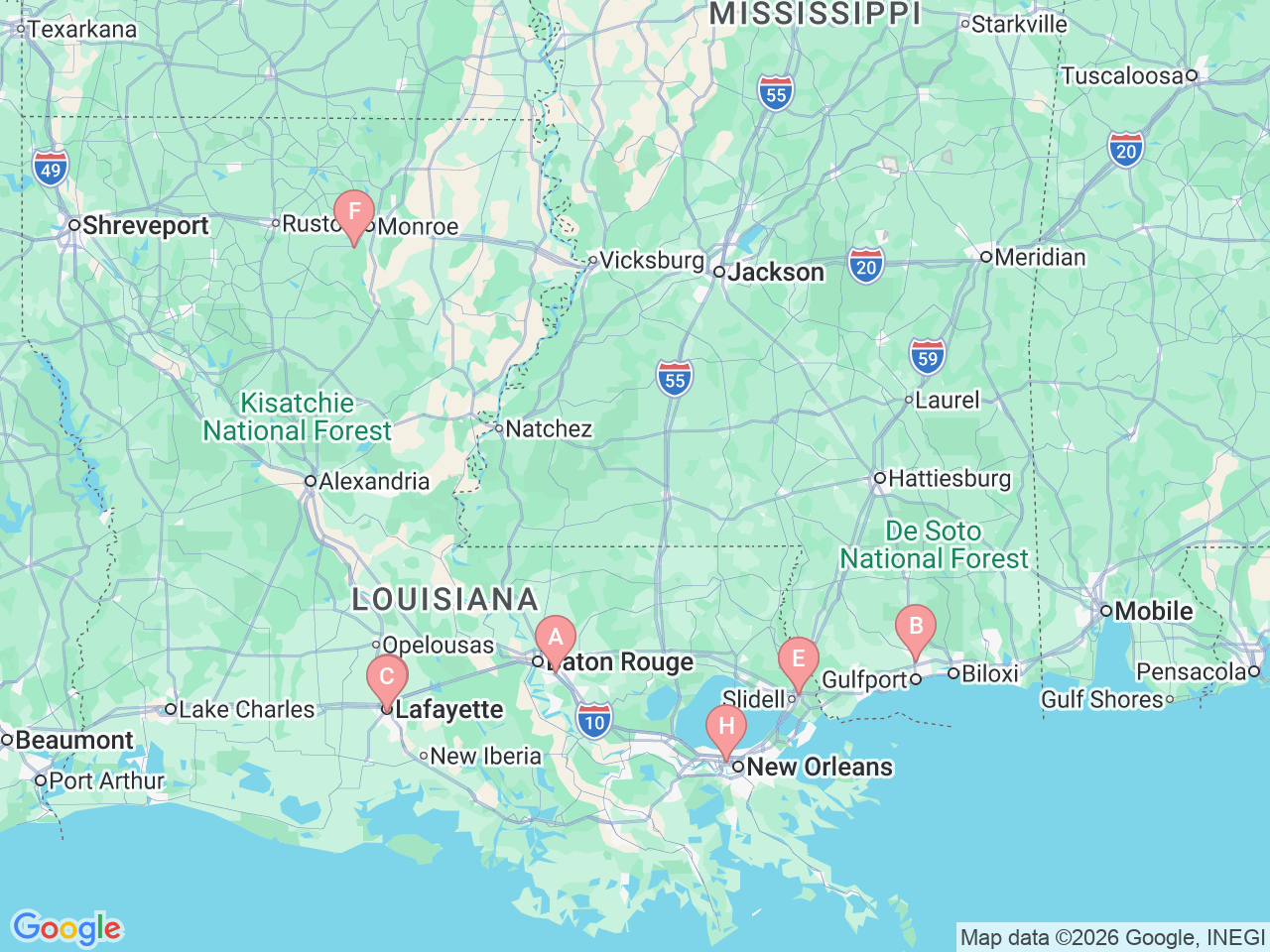 Map of Ochsner-affiliated facilities that provide services related to Pediatric Gastroenterology, Hepatology and Nutrition