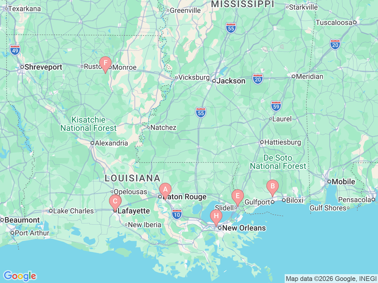 Map of Ochsner-affiliated facilities that provide services related to Pediatric Gastroenterology, Hepatology and Nutrition
