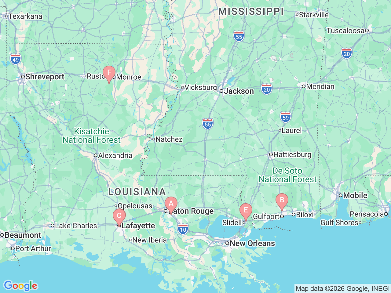 Map of Ochsner-affiliated facilities that provide services related to Pediatric Gastroenterology, Hepatology and Nutrition