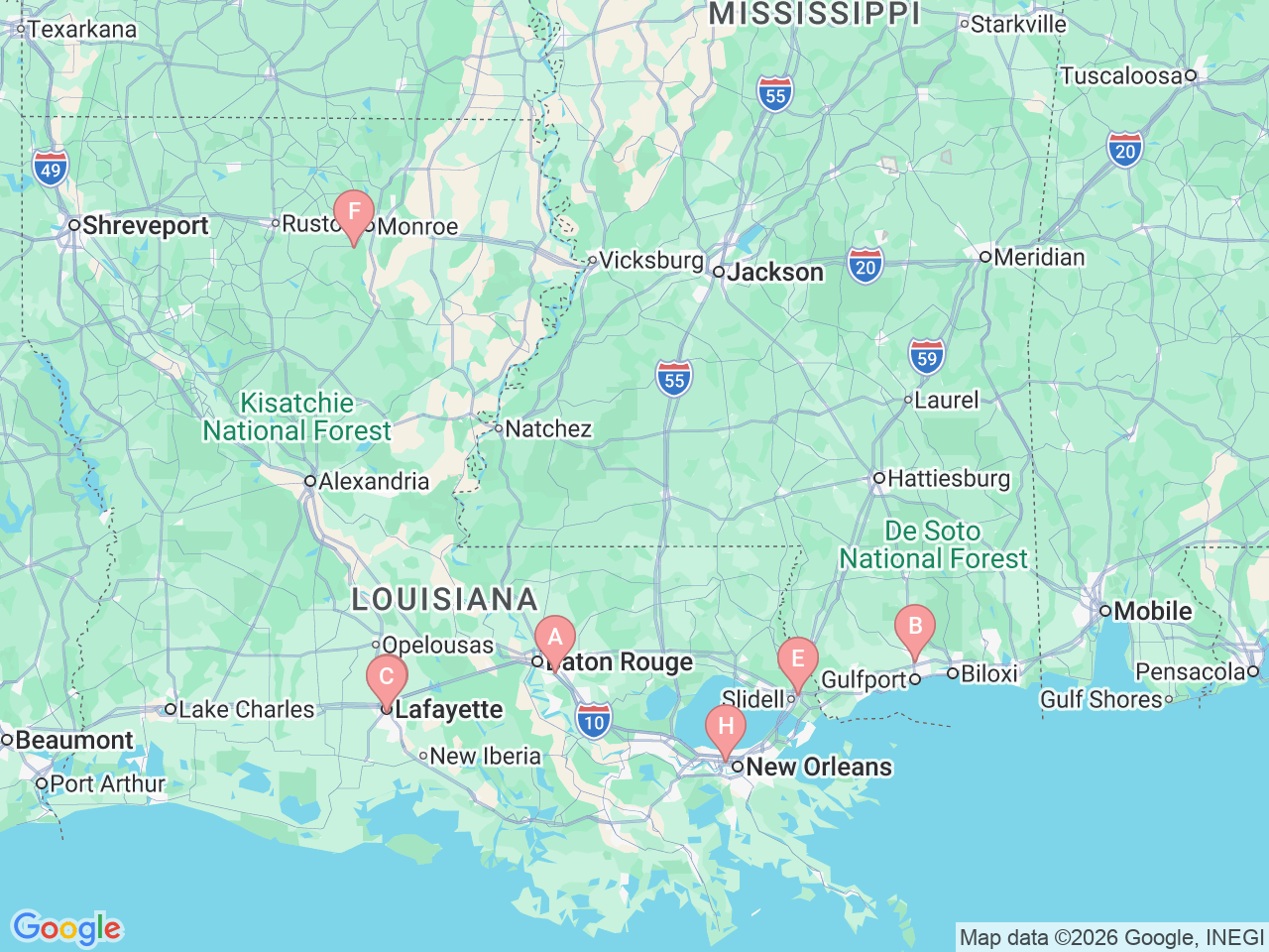 Map of Ochsner-affiliated facilities that provide services related to Pediatric Gastroenterology, Hepatology and Nutrition