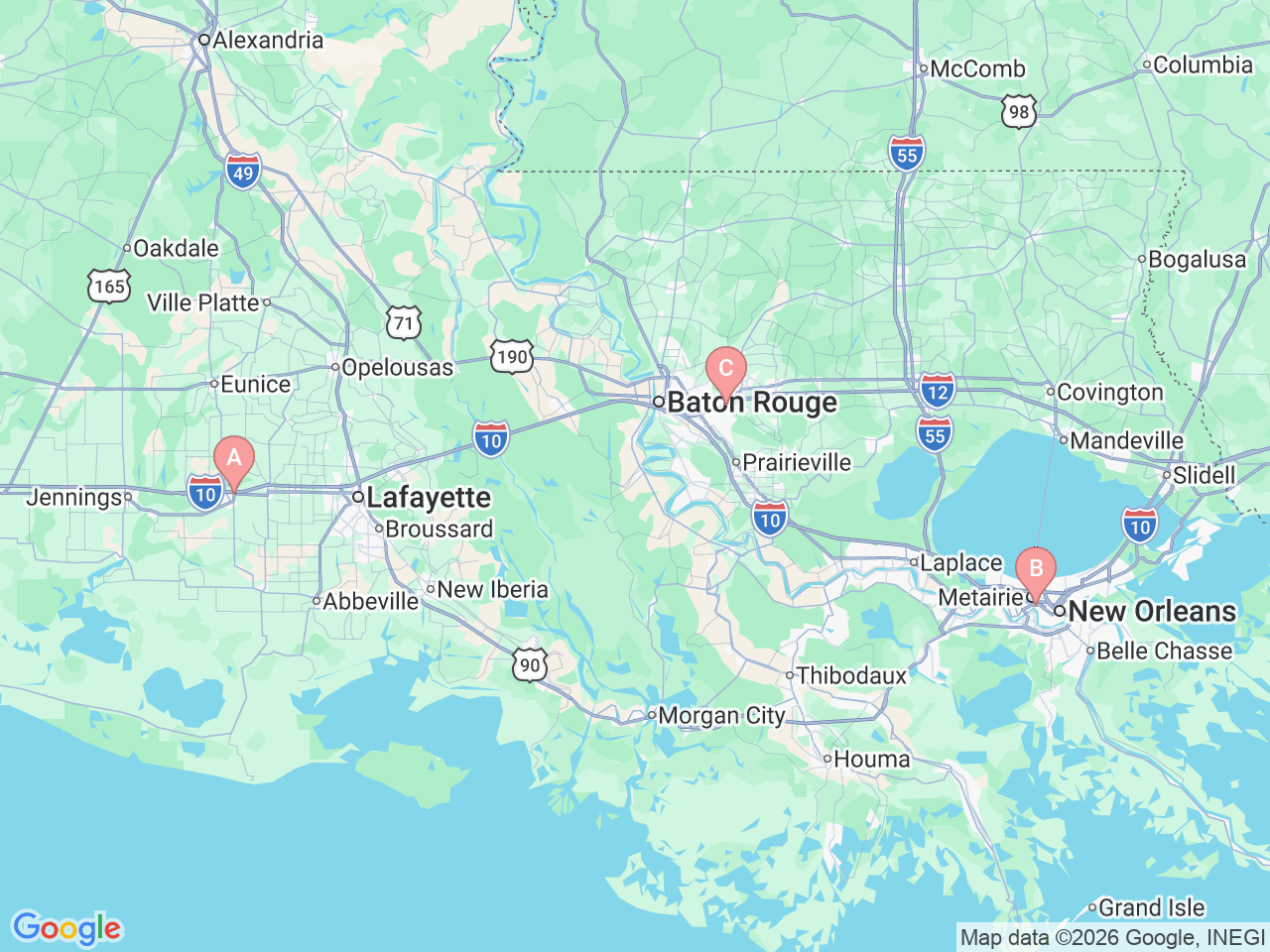 Map of Ochsner-affiliated facilities that provide services related to Pediatric Genetic Testing