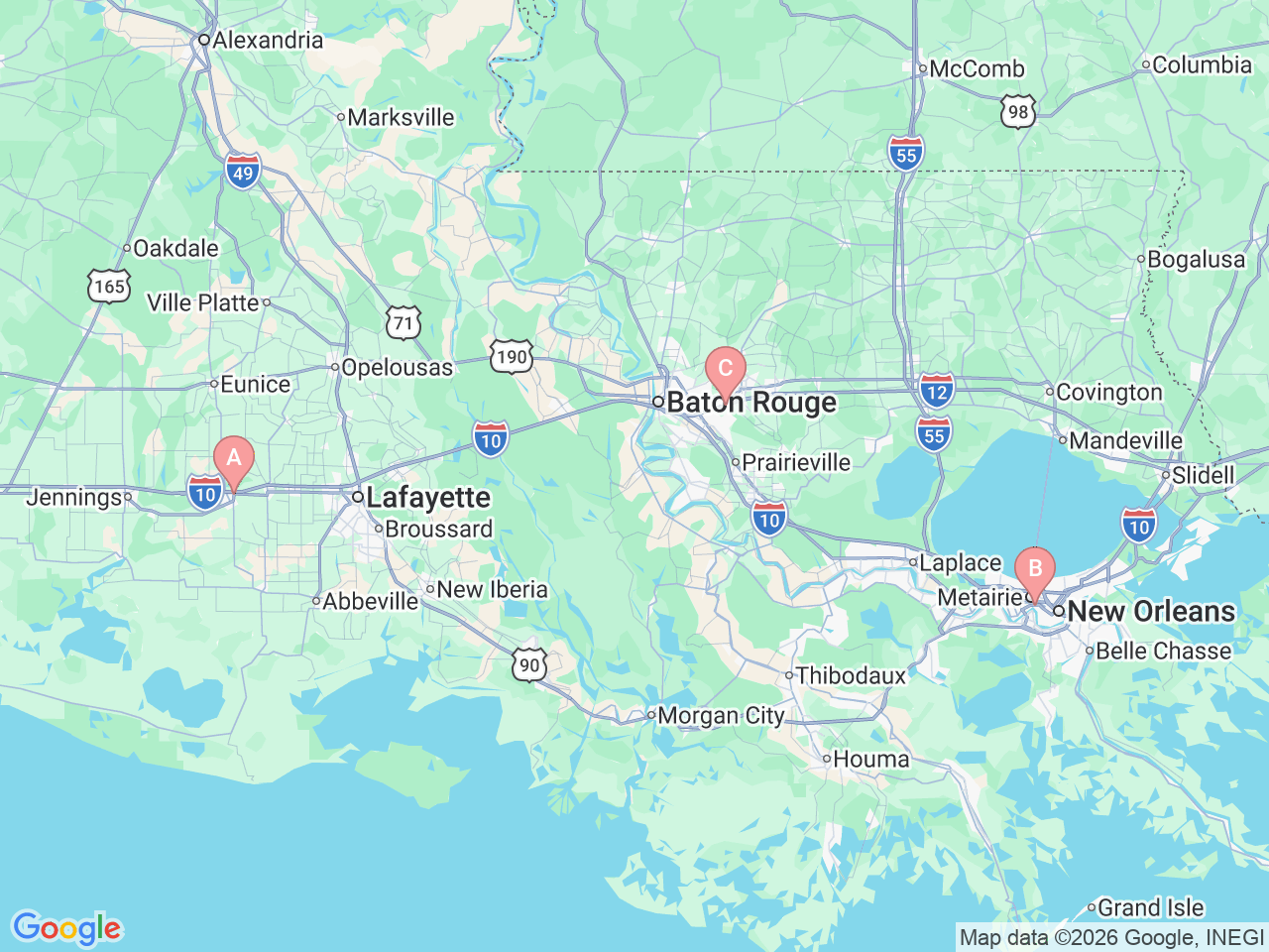 Map of Ochsner-affiliated facilities that provide services related to Pediatric Genetic Testing