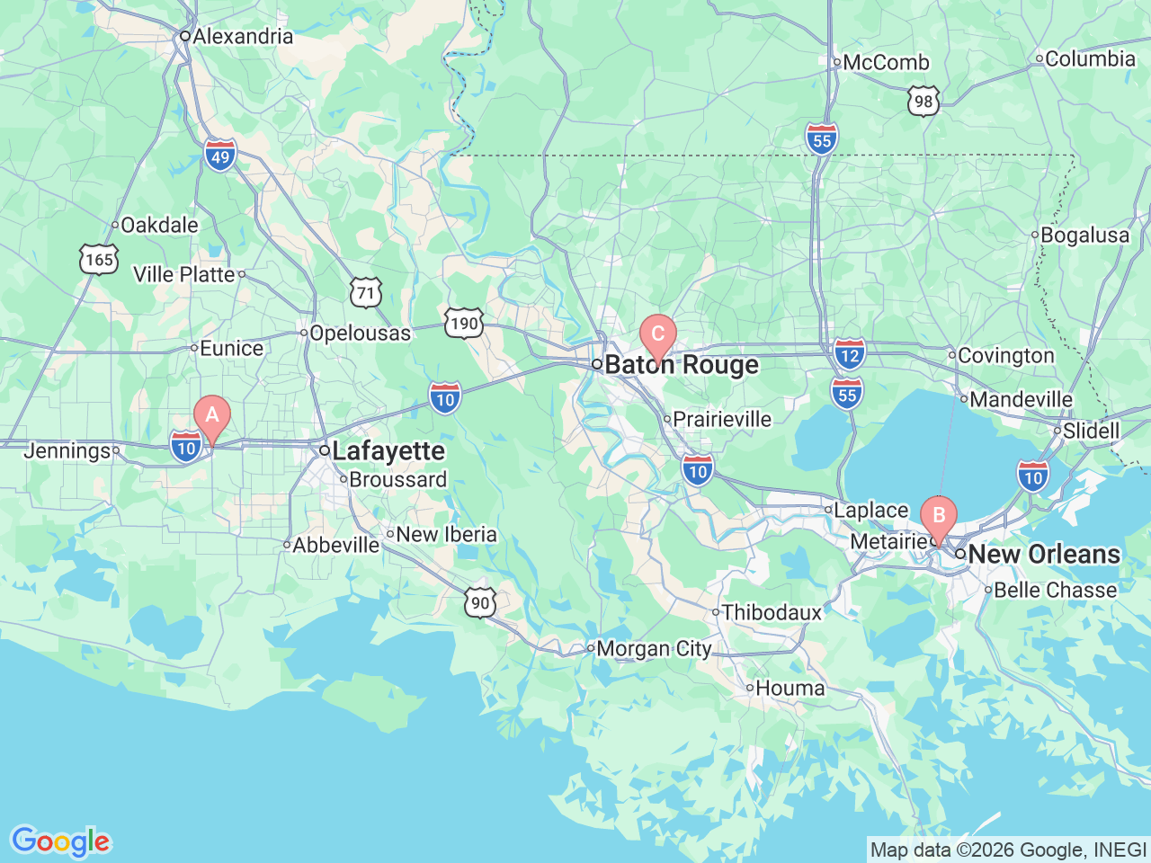 Map of Ochsner-affiliated facilities that provide services related to Pediatric Genetic Testing