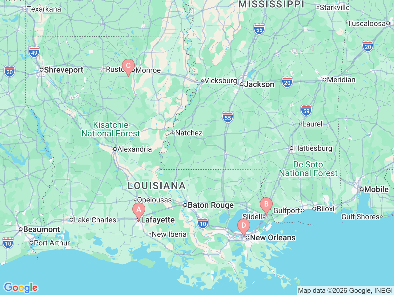 Map of Ochsner-affiliated facilities that provide services related to Pediatric Heart Failure