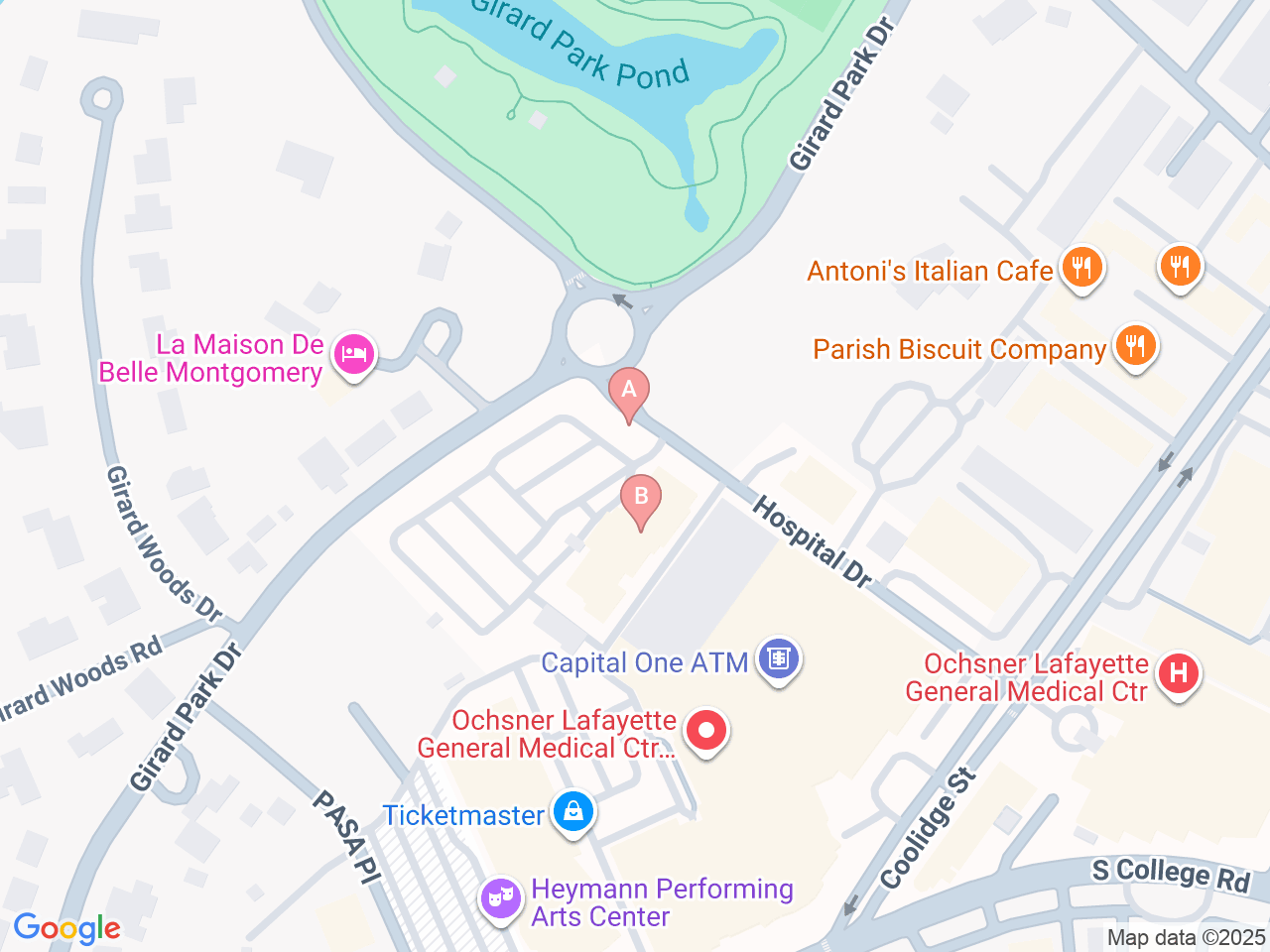 Map of Ochsner-affiliated facilities that provide services related to Pediatric Heart Transplant