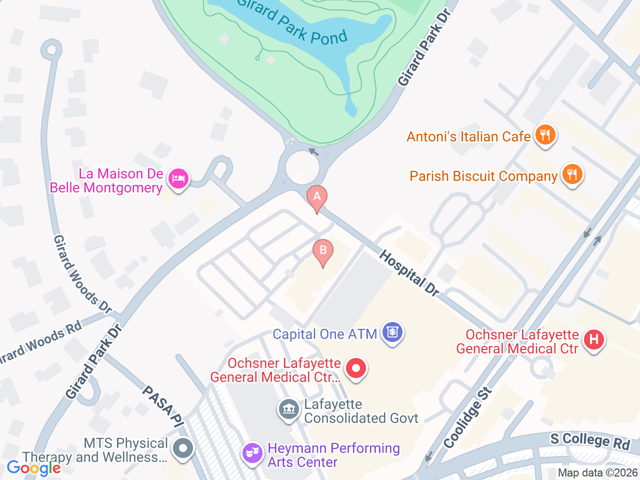 Map of Ochsner-affiliated facilities that provide services related to Pediatric Heart Transplant
