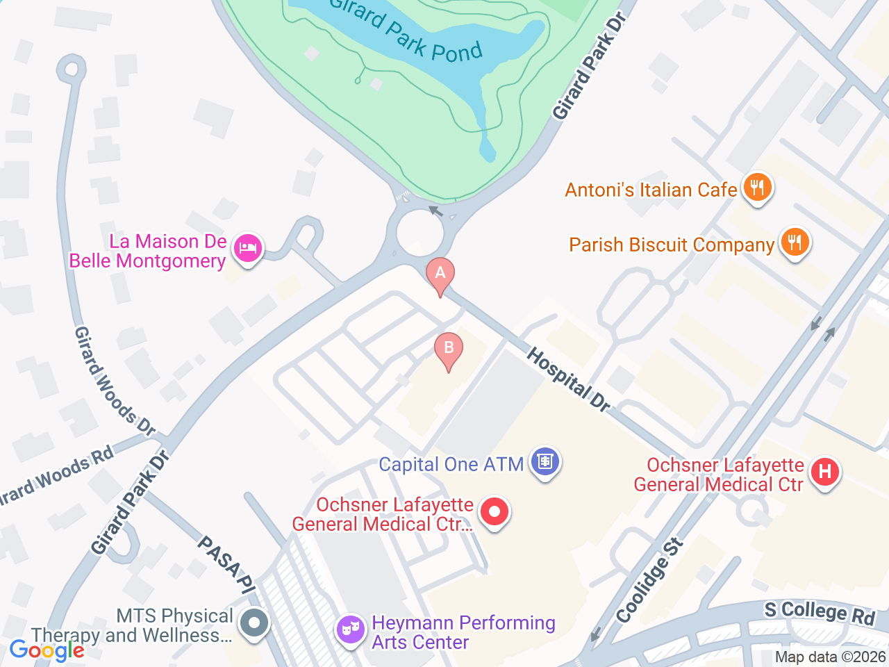 Map of Ochsner-affiliated facilities that provide services related to Pediatric Heart Transplant