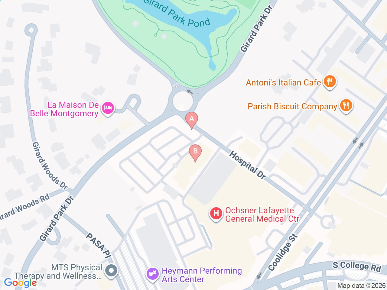 Map of Ochsner-affiliated facilities that provide services related to Pediatric Heart Transplant