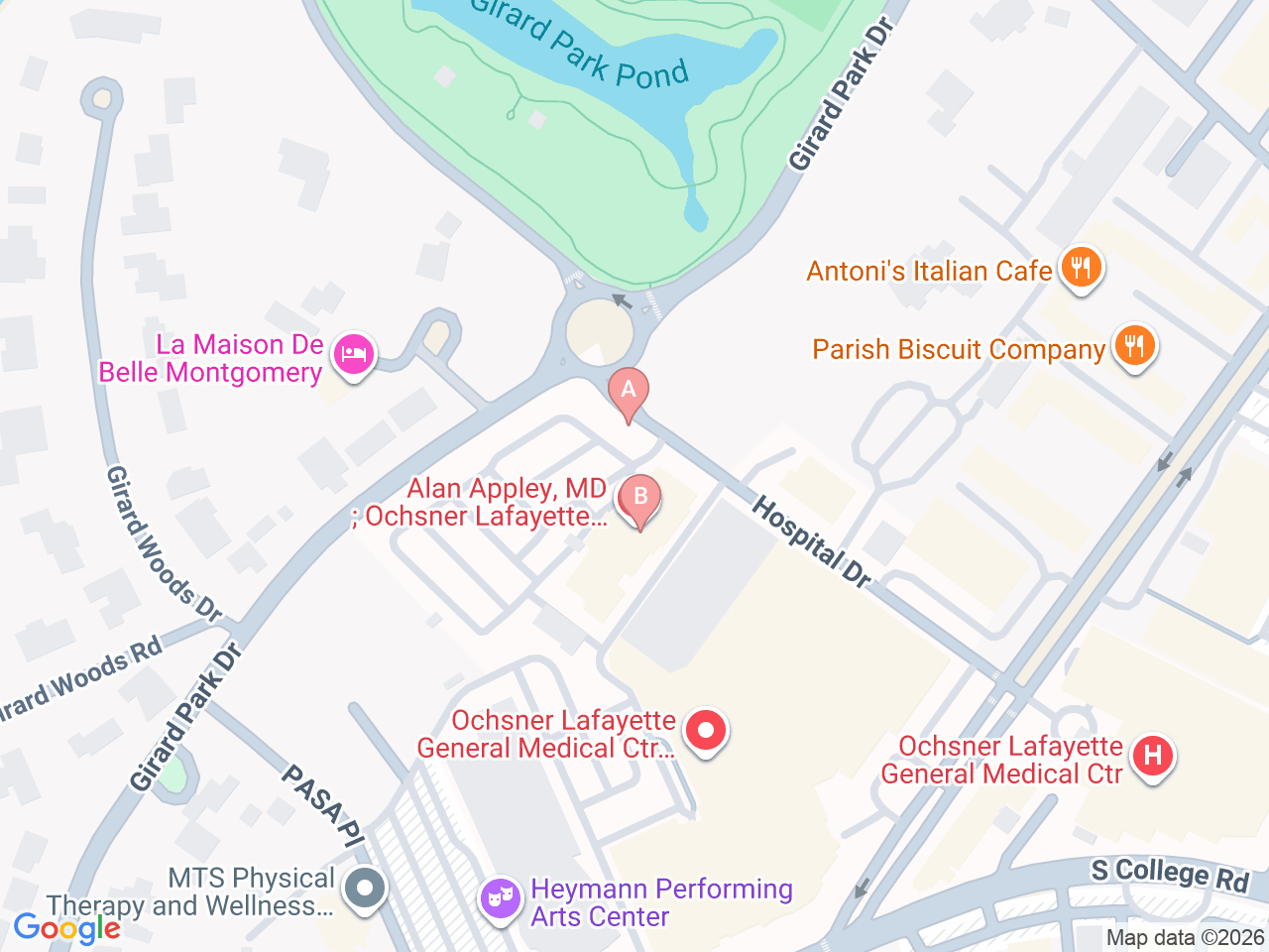 Map of Ochsner-affiliated facilities that provide services related to Pediatric Heart Transplant