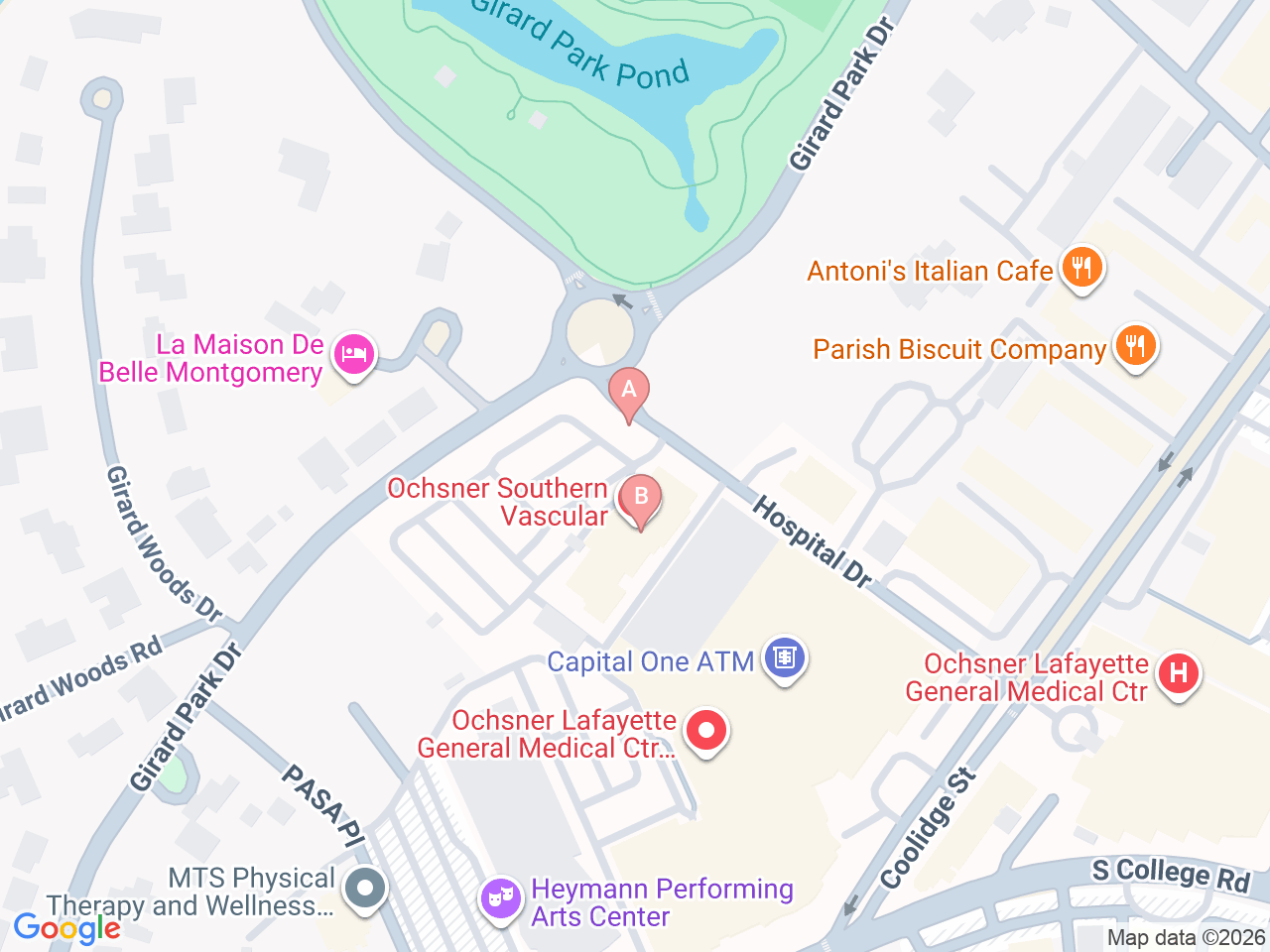 Map of Ochsner-affiliated facilities that provide services related to Pediatric Heart Transplant