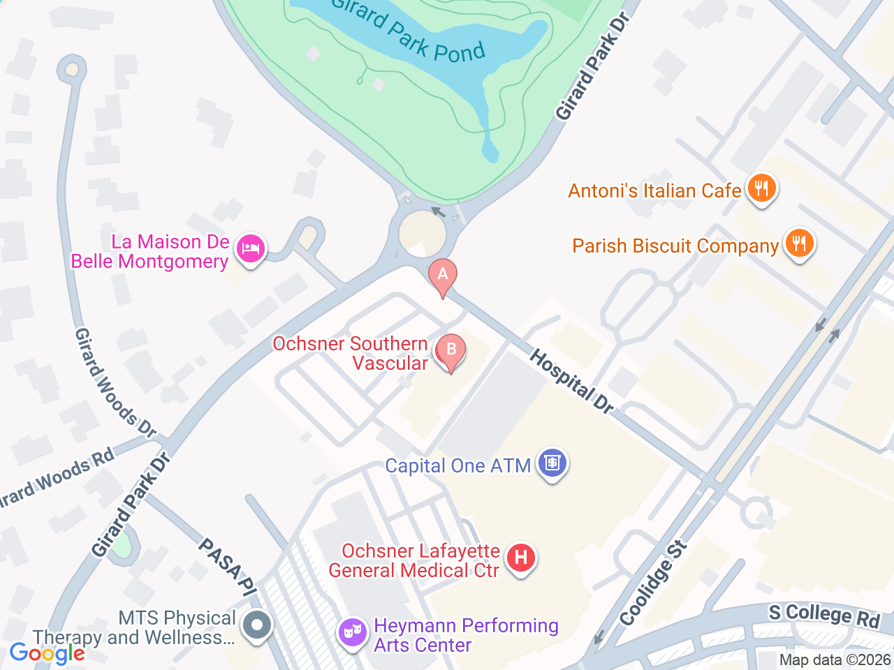 Map of Ochsner-affiliated facilities that provide services related to Pediatric Heart Transplant