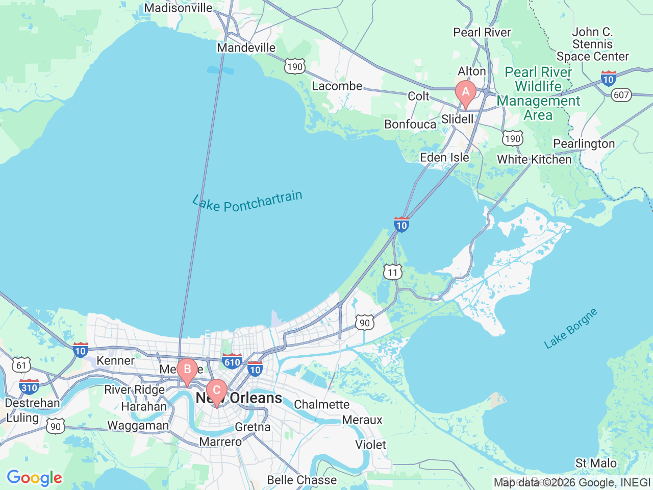 Map of Ochsner-affiliated facilities that provide services related to Pediatric Hospital Medicine