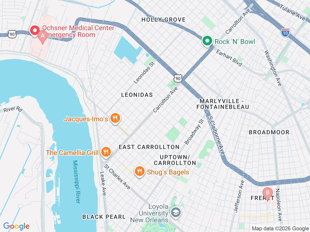 Map of Ochsner-affiliated facilities that provide services related to Pediatric Hospital Medicine