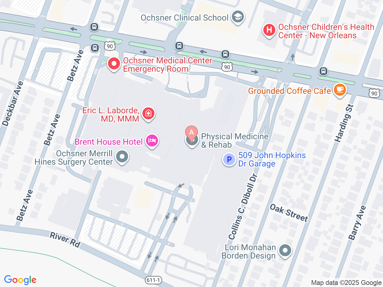 Map of Ochsner-affiliated facilities that provide services related to Pediatric Intensive Care Unit (PICU)