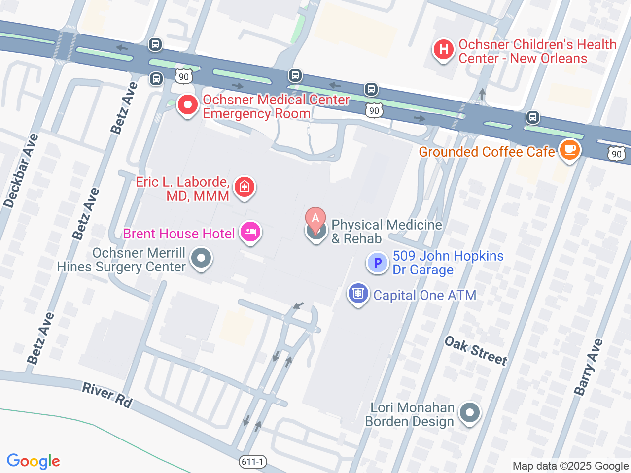 Map of Ochsner-affiliated facilities that provide services related to Pediatric Liver Transplant