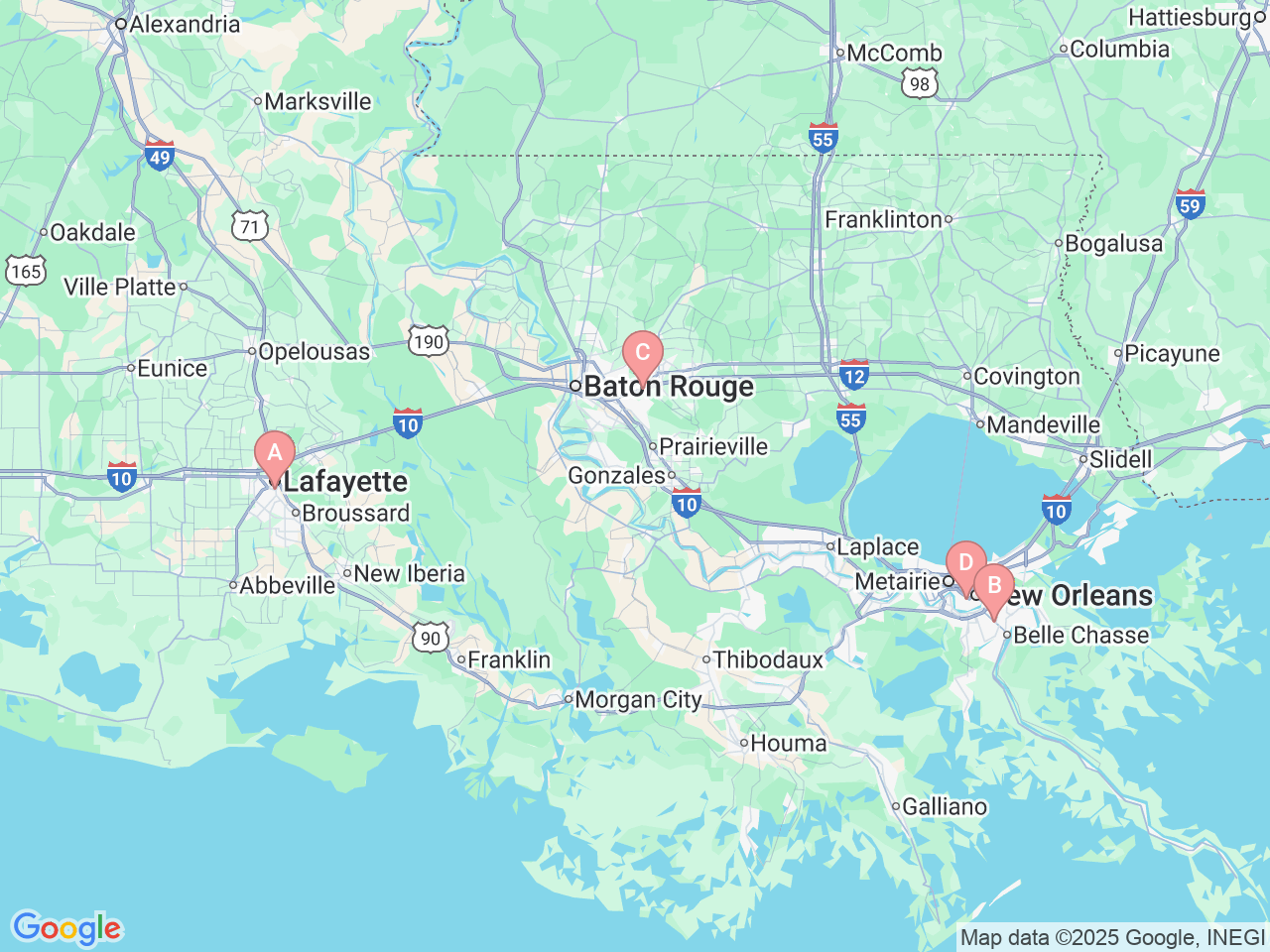 Map of Ochsner-affiliated facilities that provide services related to Pediatric Neonatology