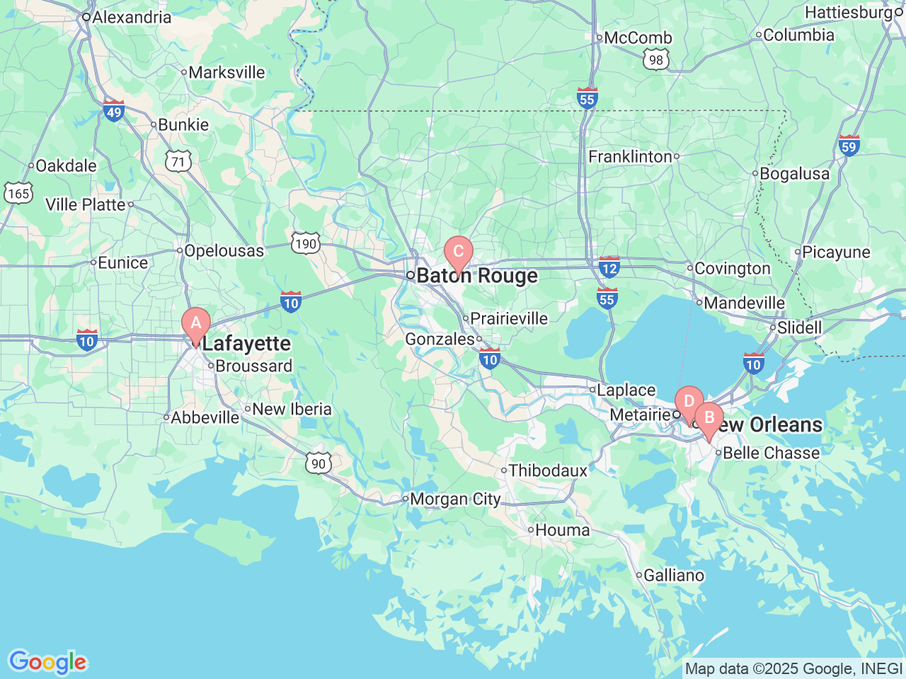 Map of Ochsner-affiliated facilities that provide services related to Pediatric Neonatology