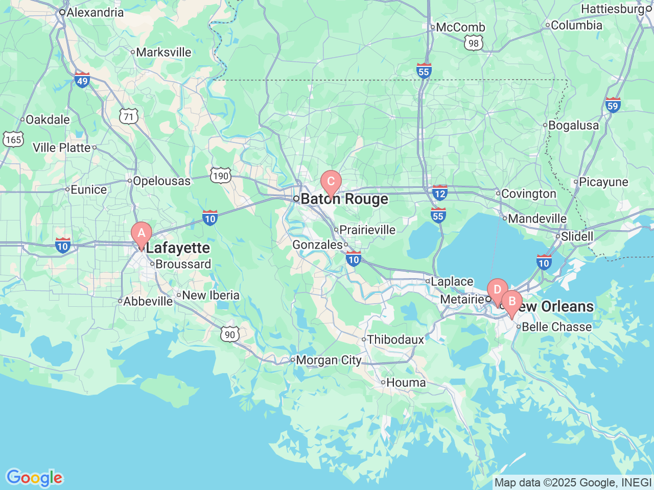 Map of Ochsner-affiliated facilities that provide services related to Pediatric Neonatology