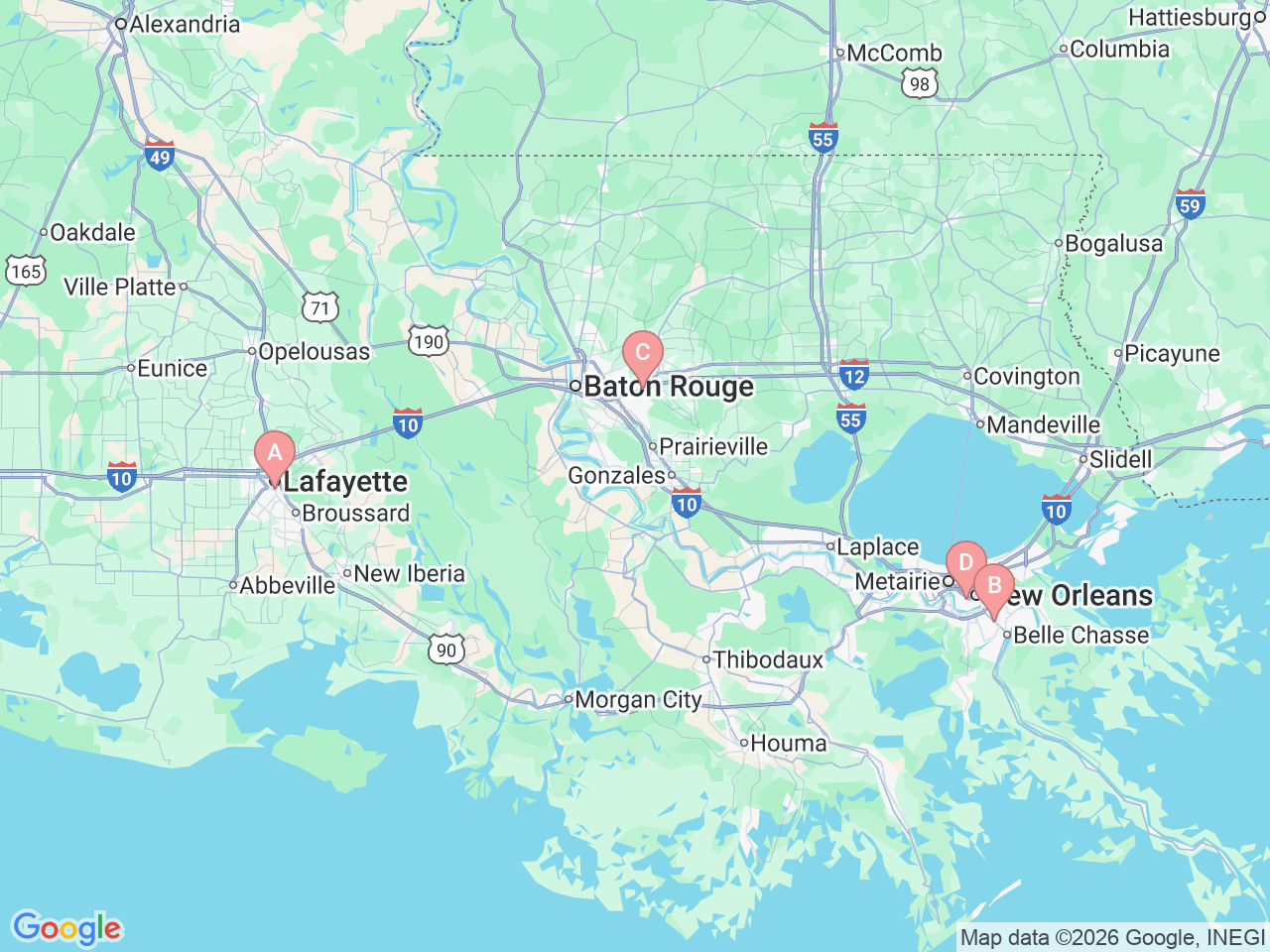 Map of Ochsner-affiliated facilities that provide services related to Pediatric Neonatology