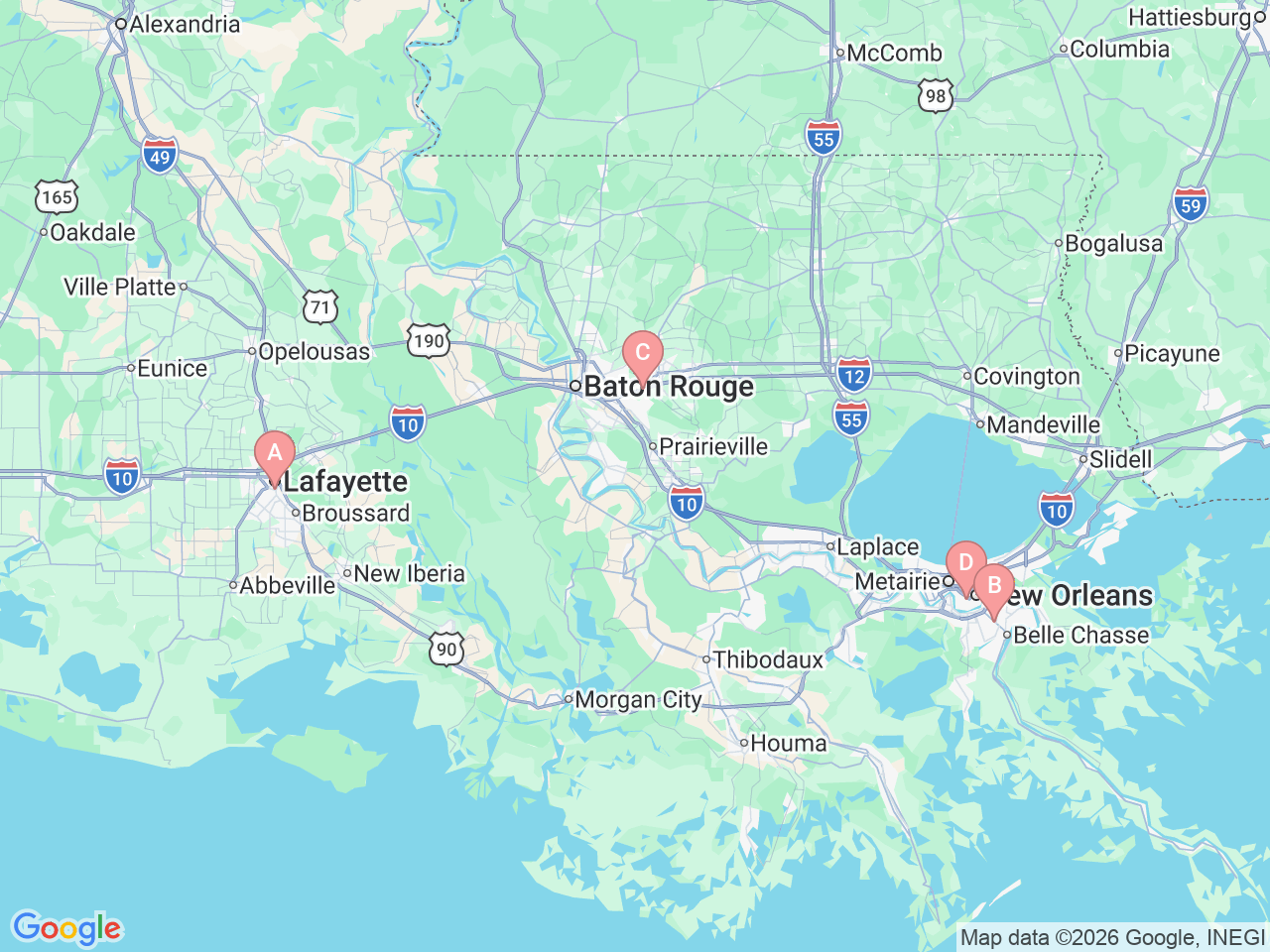 Map of Ochsner-affiliated facilities that provide services related to Pediatric Neonatology